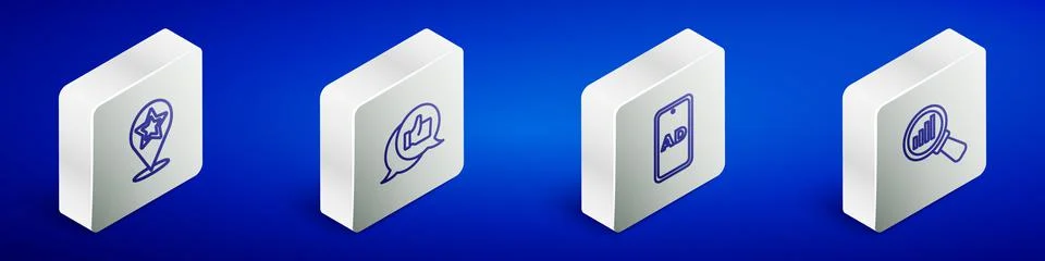 Set Isometric line Map pointer with star, Customer product rating, Advertising Illustrazione stock