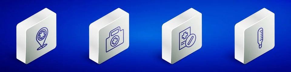 Set Isometric line Map pointer with cross hospital, First aid kit, Medical .. Stock Illustration