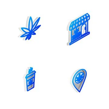 Set Isometric line Marijuana and cannabis store, leaf, Cup coffee with mariju Ilustración de archivo