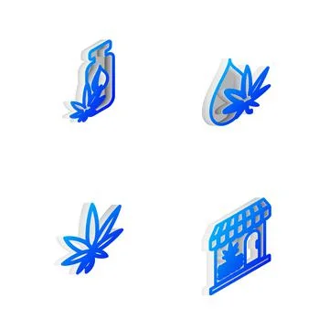 Set Isometric line Marijuana or cannabis leaf oil, , and and store icon. Vector Ilustración de archivo