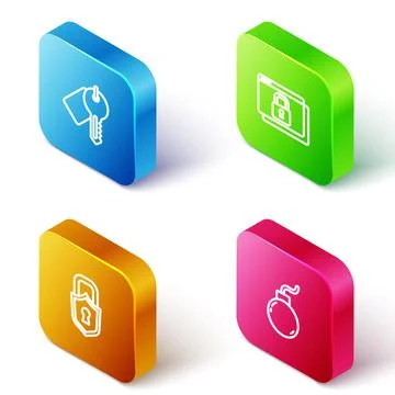 Set Isometric line Marked key, Secure your site with HTTPS, SSL, Lock and Bomb Ilustração Stock