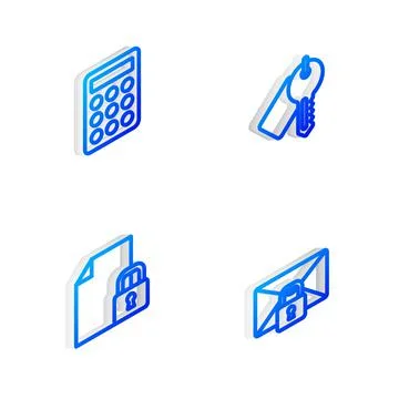 Set Isometric line Marked key, Password protection, Document and lock and Mail Stock Illustration