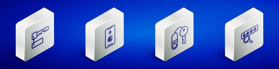 Set Isometric line Marked key, Mobile with fingerprint scan, House and Pass.. Stock Illustration