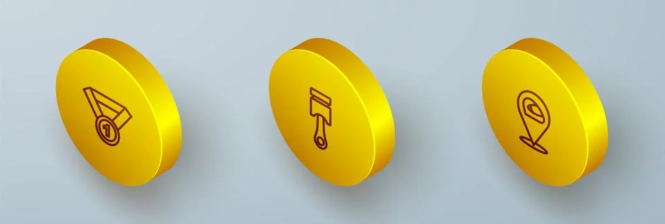 Set Isometric line Medal, Engine piston and Racing helmet icon. Vector Stock Illustration