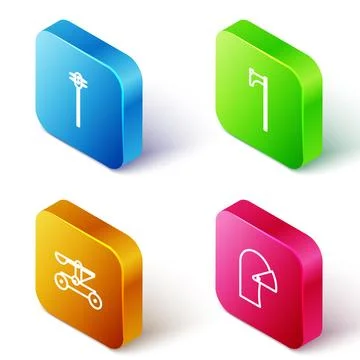 Set Isometric line Medieval chained mace ball, axe, Catapult shooting stones  Stock Illustration