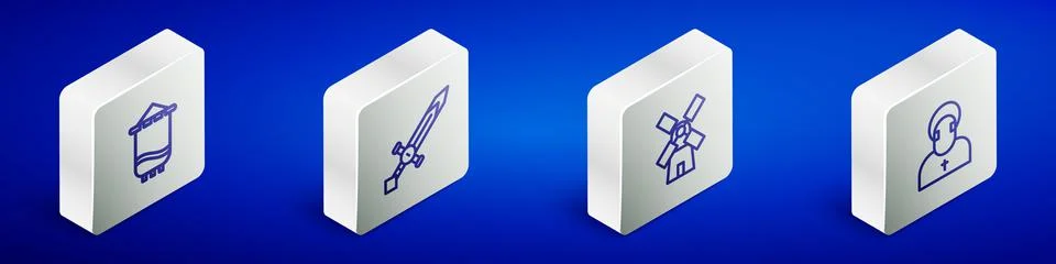 Set Isometric line Medieval flag, sword, Windmill and Monk icon. Vector Stock Illustration