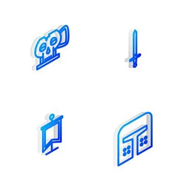 Set Isometric line Medieval sword, Cup from the skull, flag and iron helmet i Illustrazione stock