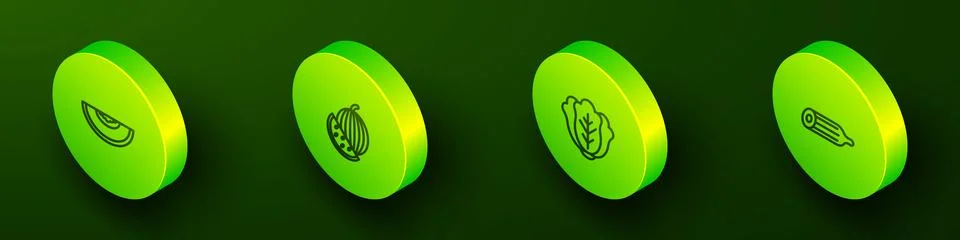 Set Isometric line Melon fruit, Watermelon, Cabbage and Fresh cucumber icon Stock Illustration