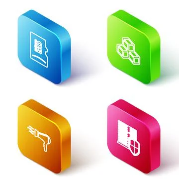 Set Isometric line Micro SD memory card, Isometric cube, Hair dryer and Serve Stock Illustration