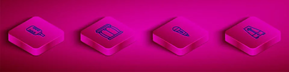 Set Isometric line Microphone, Drum, and Metronome with pendulum icon. Vector Stock Illustration