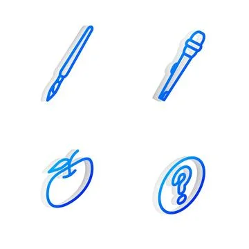 Set Isometric line Microphone, Paint brush, Apple and Speech bubbles with Q.. Stock Illustration