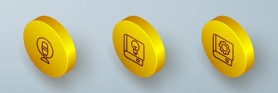 Set Isometric line Microphone, User manual and icon. Vector Stock Illustration