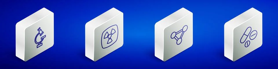 Set Isometric line Microscope, Radioactive, Molecule and Medicine pill or tablet Stock Illustration