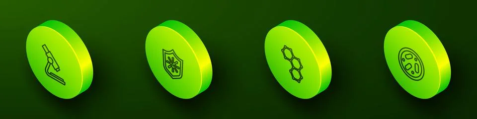 Set Isometric line Microscope, Shield protecting from virus, Chemical formula Stock Illustration