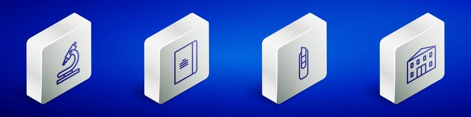 Set Isometric line Microscope, Spiral notebook, Stationery knife and School b Stock Illustration