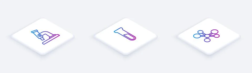 Set Isometric line Microscope, Test tube and flask and Molecule. White square Stock Illustration