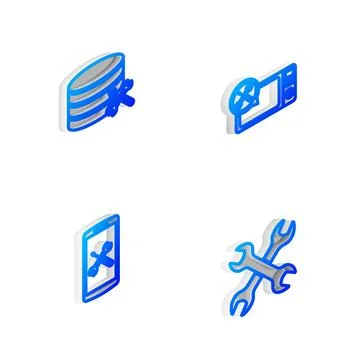 Set Isometric line Microwave oven service, Database server, Smartphone and Stockillustratie