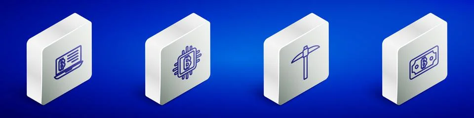 Set Isometric line Mining bitcoin from laptop, CPU mining farm, Pickaxe and Illustrazione stock