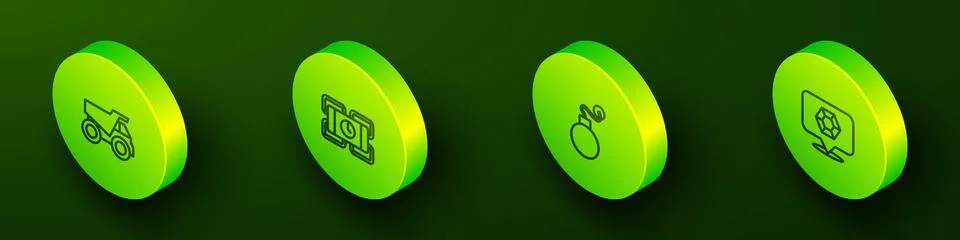 Set Isometric line Mining dump truck, Dynamite, Bomb and Gem stone icon. Vector Stock Illustration