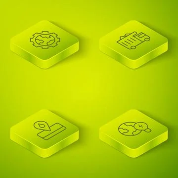 Set Isometric line Mining dump truck, Oilfield, Global planet with bulb and Gear 스톡 일러스트