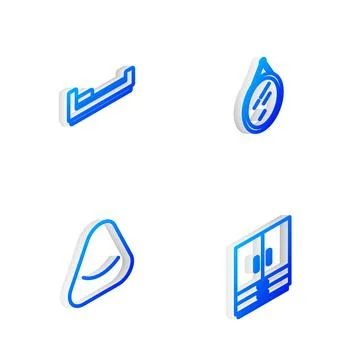 Set Isometric line Mirror, Bed, Pouf and Wardrobe icon. Vector Stock Illustration
