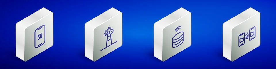 Set Isometric line Mobile with 5G, Satellite dish, Smart data server and Data Stock Illustration