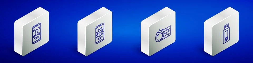 Set Isometric line Mobile and face recognition, System bug mobile, Firewall イラスト素材
