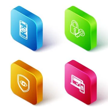 Set Isometric line Mobile and eye scan, Lock key, Shield and Two steps authen Stock Illustration