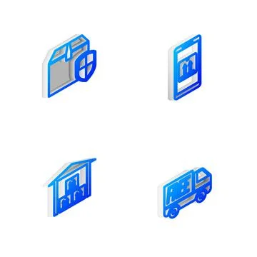 Set Isometric line Mobile with app tracking, Delivery box security shield Illustrazione stock