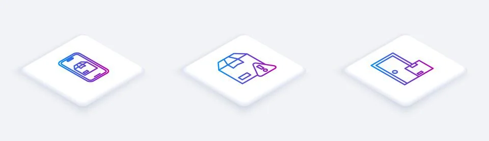 Set Isometric line Mobile app delivery tracking, Delivery security with shield Illustrazione stock