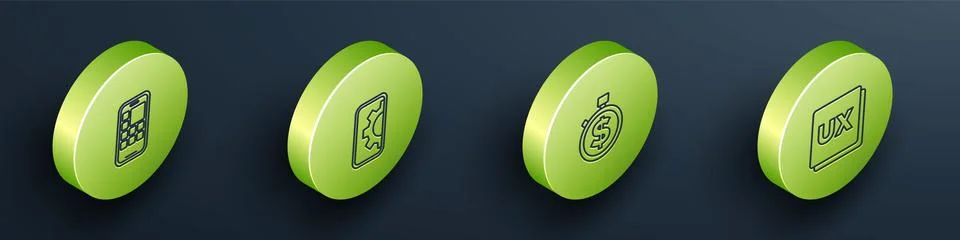 Set Isometric line Mobile Apps, Web development, Time is money and UI or UX Illustrazione stock