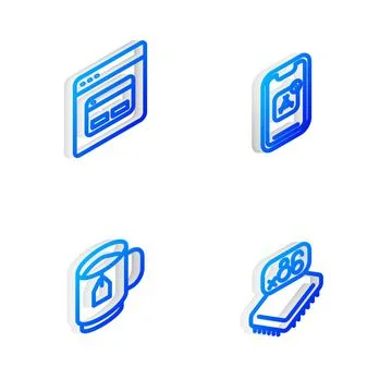 Set Isometric line Mobile Apps, Search engine, Cup of tea with tea bag and 库存插图