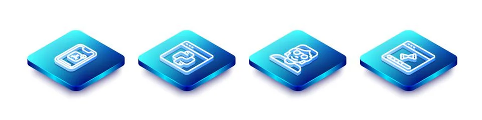 Set Isometric line Mobile Apps, Python programming language, Hacker or coder and Stock Illustration