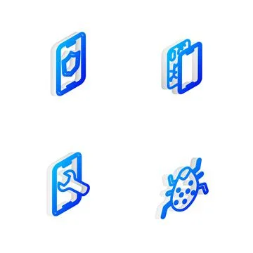 Set Isometric line Mobile with broken screen, shield, service and System bug Stockillustratie