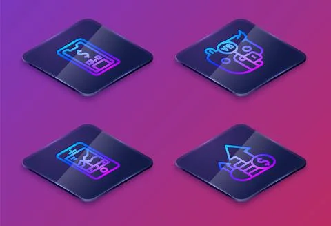 Set Isometric line Mobile with dollar, stock trading, Bull and bear of market Illustrazione stock