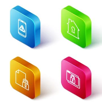 Set Isometric line Mobile with exclamation mark, House under protection イラスト素材