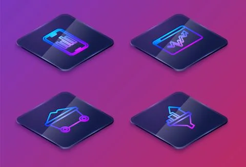 Set Isometric line Mobile with graph, Coal mine trolley, Graph chart infographic Stock-Illustration