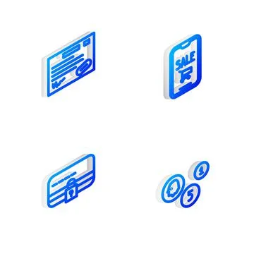 Set Isometric line Mobile phone and shopping cart, Warranty certificate template Stock Illustration