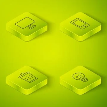 Set Isometric line Mobile phone Trash can Light bulb and Computer monitor ico Illustrazione stock