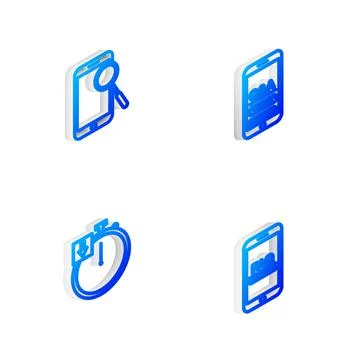 Set Isometric line Mobile Question and Exclamation, phone diagnostics, Stopwatch Stock Illustration