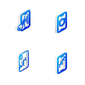 Set Isometric line Mobile with shield, Glass screen protector, broken and icon Stock Illustration