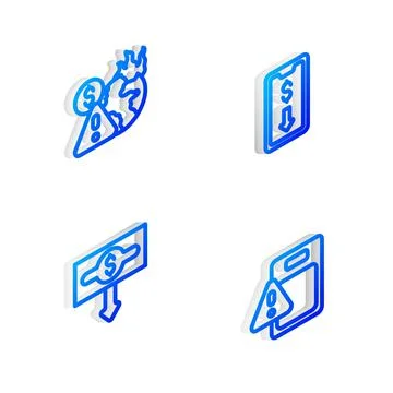 Set Isometric line Mobile stock trading, Global economic crisis, Dollar rate Illustrazione stock