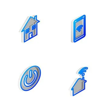 Set Isometric line Mobile with wi-fi wireless, House, Power button and Smart Stock Illustration