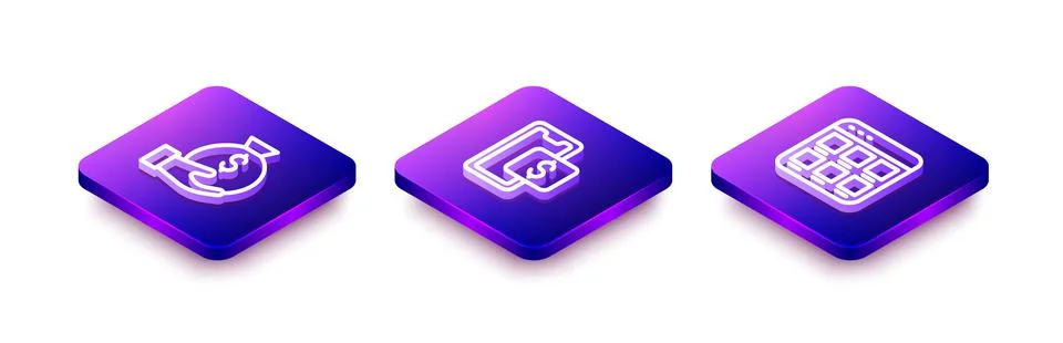Set Isometric line Money bag, Mobile shopping and Online screen icon. Vector Illustrazione stock