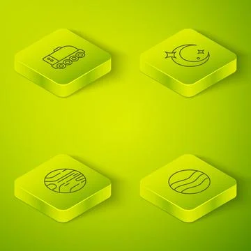 Set Isometric line Moon and stars, Planet, and Mars rover icon. Vector Ilustração Stock