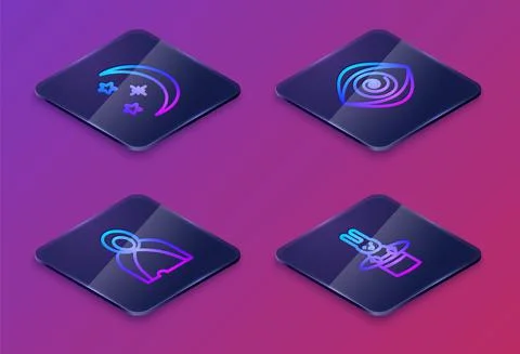 Set Isometric line Moon and stars, Mantle, cloak, cape, Hypnosis and Magician Ilustración de archivo