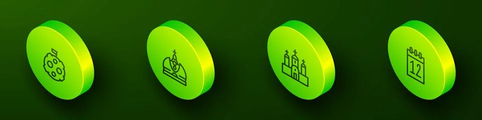 Set Isometric line Moon with flag, King crown, Church building and Calendar.. Ilustración de archivo