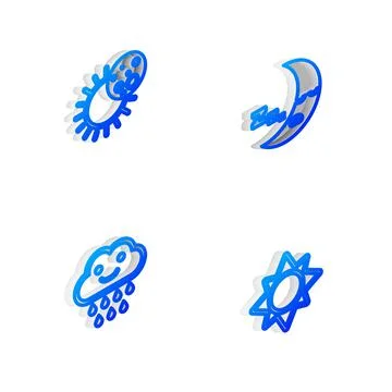 Set Isometric line Moon icon, Eclipse of the sun, Cloud with rain and Sun icon Ilustração Stock