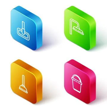 Set Isometric line Mop, Shower head, Rubber plunger and Bucket icon. Vector Stock-Illustration