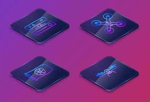 Set Isometric line Motion sensor, Video graphic card, Drone flying and Drone Stock Illustration
